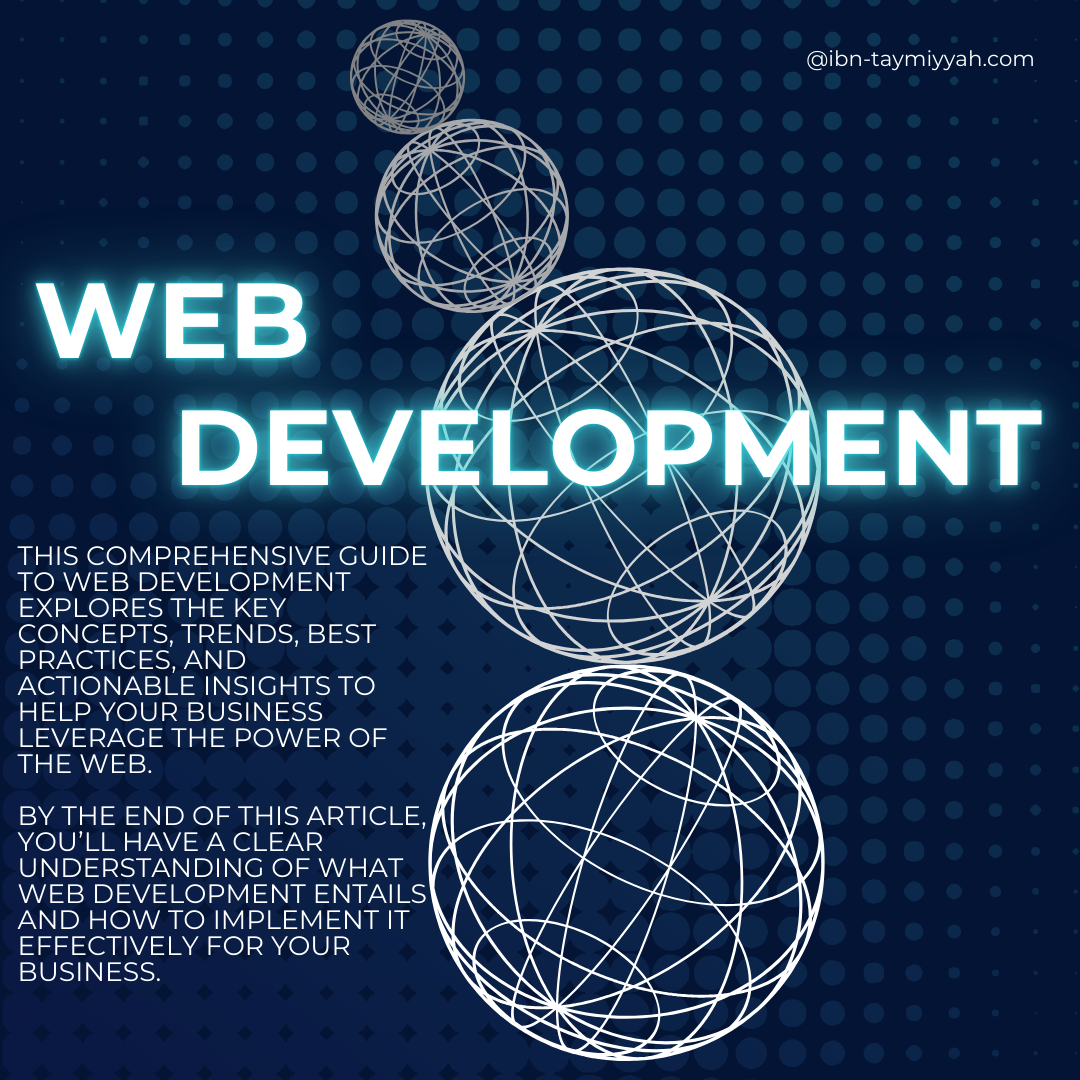 A visually engaging digital graphic titled 'Web Development,' featuring interconnected spherical designs symbolizing the internet and networks. The gr